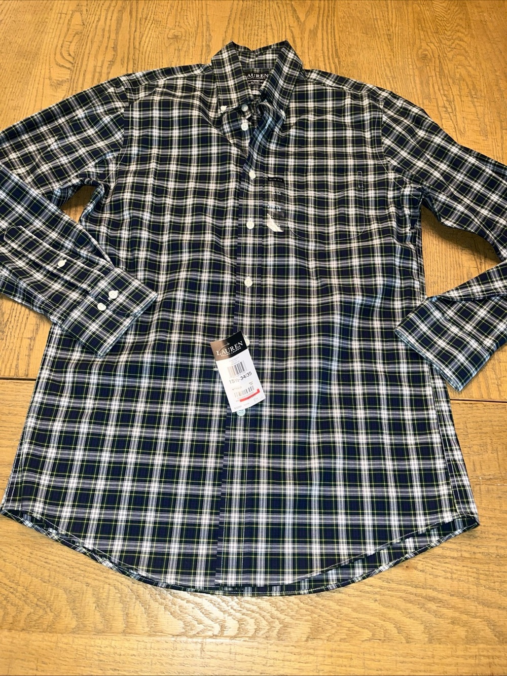 Ralph Lauren Button Down Shirt Mens 15.5 34/35 Blue Green Plaid Oxford